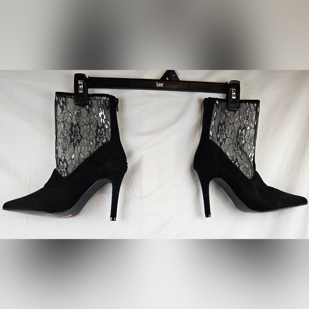 Diba Black Suede Lace Stiletto Booties Sz‎ 8 Witchy Whimsigoth Dark Romantic